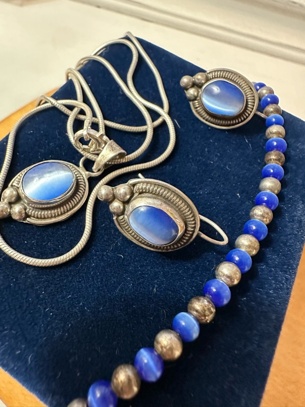 Vintage Mexican Sterling Silver & Blue Cat’s Eye Earring Pendant & Bracelet Set